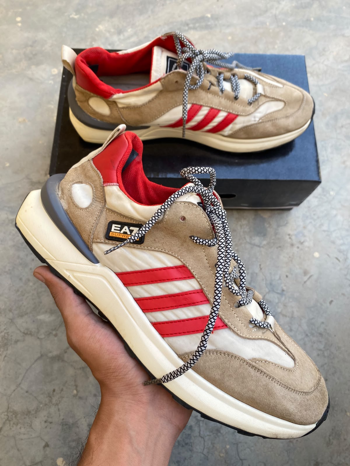 EA7 beige and red sneaker with a tan suede and nylon upper