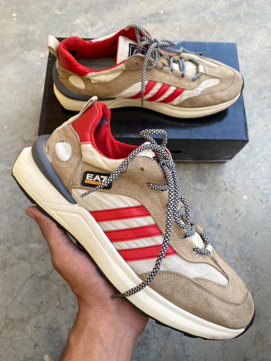 EA7 beige and red sneaker with a tan suede and nylon upper