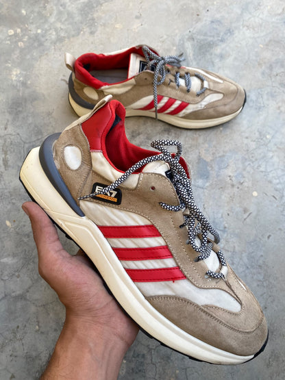 EA7 beige and red sneaker with a tan suede and nylon upper