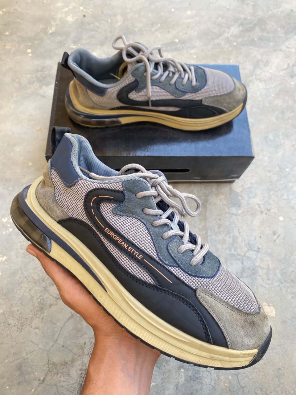 Gray and navy blue mesh casual sport sneakers